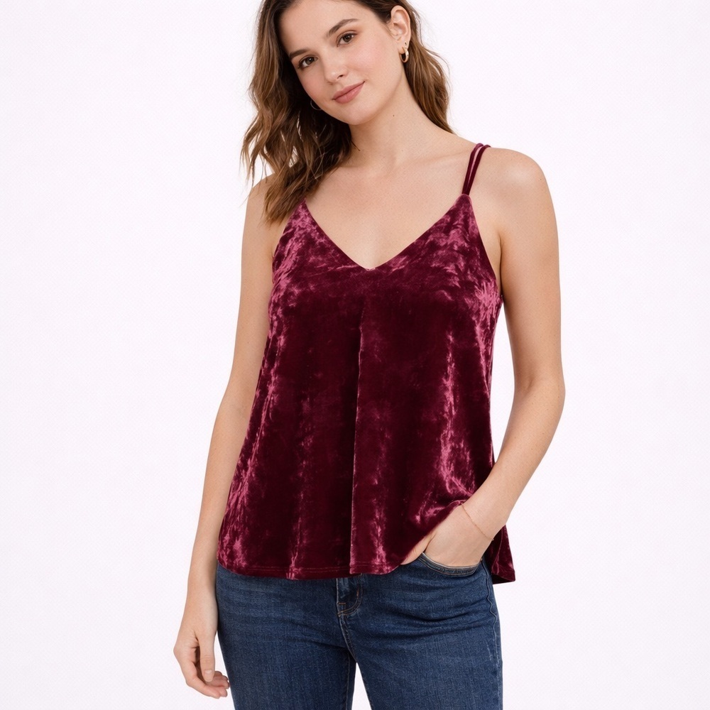 Aqua Burgundy Crushed Velvet Cami Tank Top Small V-Neck Strappy Velvet Camisole